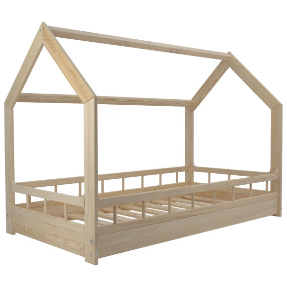 Natural, wooden house bed 160x80cm with barriers